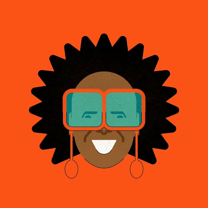 Minimalist illustration of a smiling face with large glasses on an orange background by Jardel Vieira.