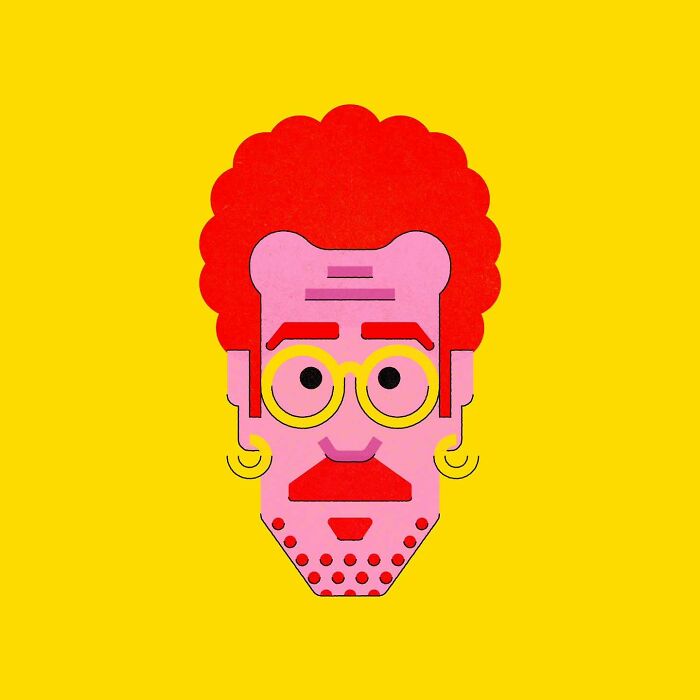 Minimalist editorial illustration featuring a geometric face with red hair and glasses by Jardel Vieira.
