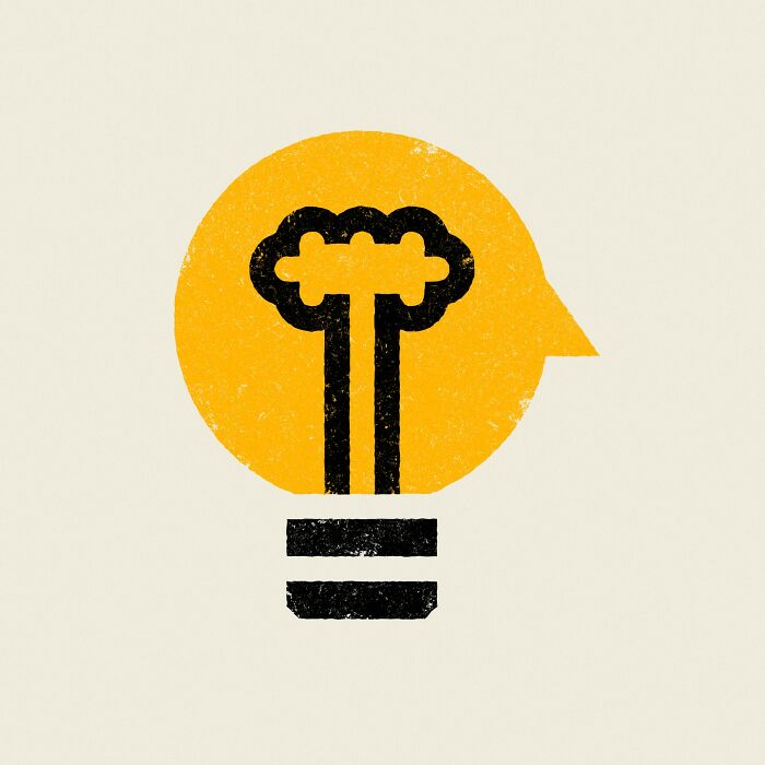 Minimalist illustration by Jardel Vieira, featuring a yellow light bulb with a brain-shaped filament design.