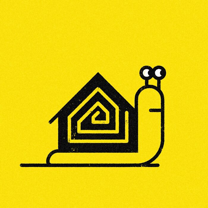 Minimalist editorial illustration of a snail with a house as its shell on a yellow background.