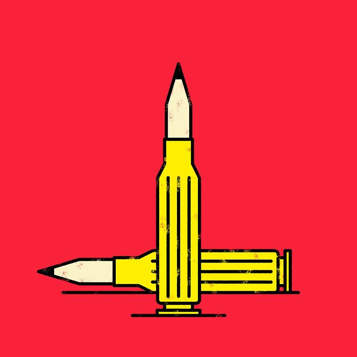 Minimalist editorial illustration of pencils resembling bullets on a red background by Jardel Vieira.