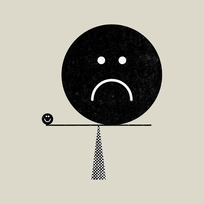 Minimalist illustration by Jardel Vieira with a large sad face balancing a small happy face on a seesaw.