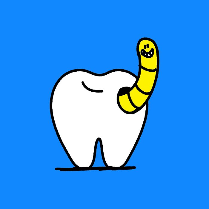 "Minimalist illustration of a yellow worm emerging from a white tooth on a blue background."