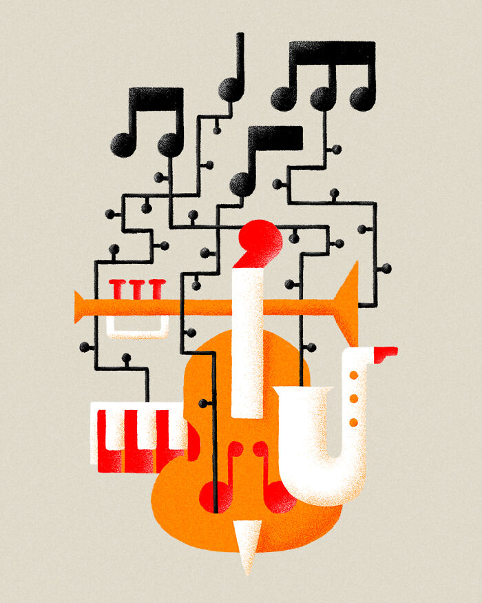 Minimalist editorial illustration by Jardel Vieira featuring musical instruments and notes intertwined creatively.