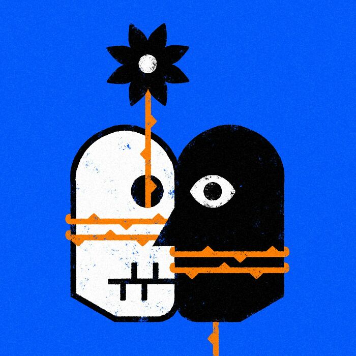 Minimalist editorial illustration by Jardel Vieira depicting two abstract faces and a flower.