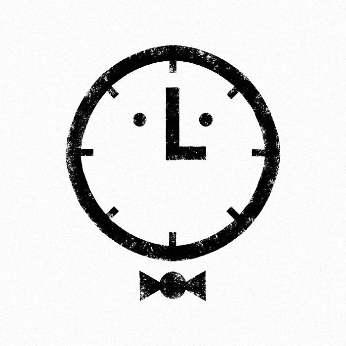 Minimalist editorial illustration by Jardel Vieira featuring a clock face resembling a human face with a bow tie.
