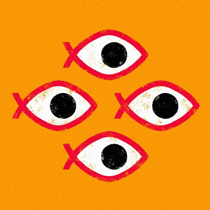Four minimalist eye illustrations in red and black by Jardel Vieira on an orange background.