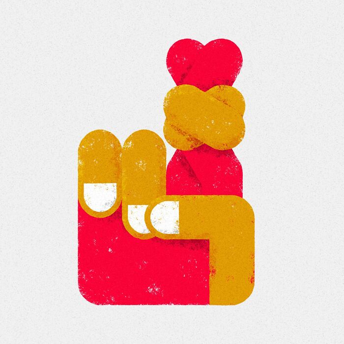 Minimalist editorial illustration by Jardel Vieira, featuring intertwined red and yellow shapes with a heart symbol.