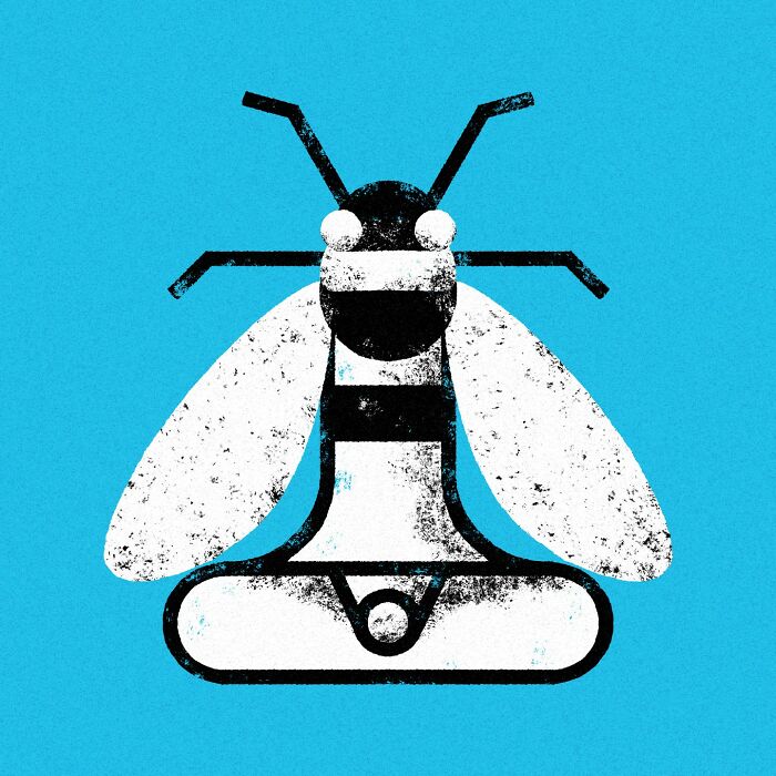 Minimalist editorial illustration of a stylized bee by Jardel Vieira on a blue background.