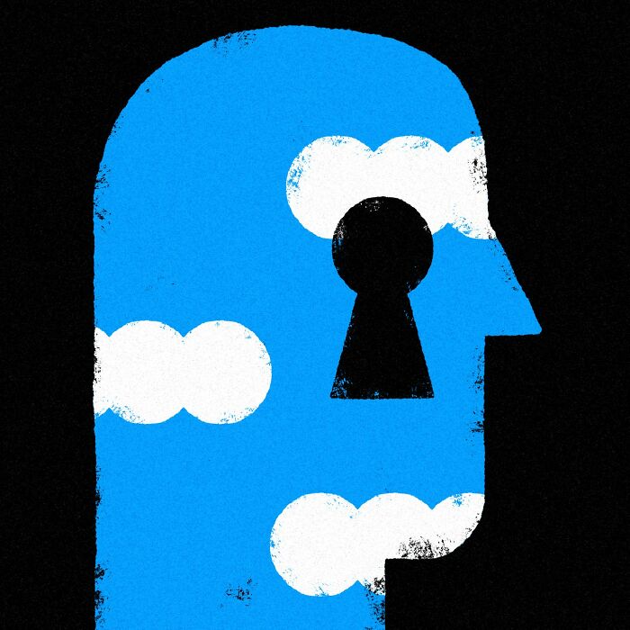 Minimalist editorial illustration by Jardel Vieira depicting a profile with clouds and keyhole.
