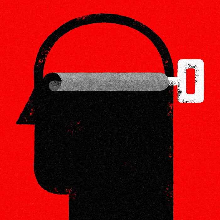 Minimalist editorial illustration of a human profile with a wind-up key, set against a bold red background.