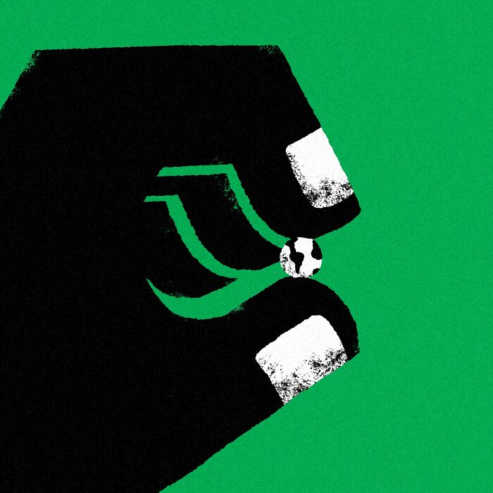 Minimalist editorial illustration by Jardel Vieira showing a hand holding a small black-and-white sphere on a green background.