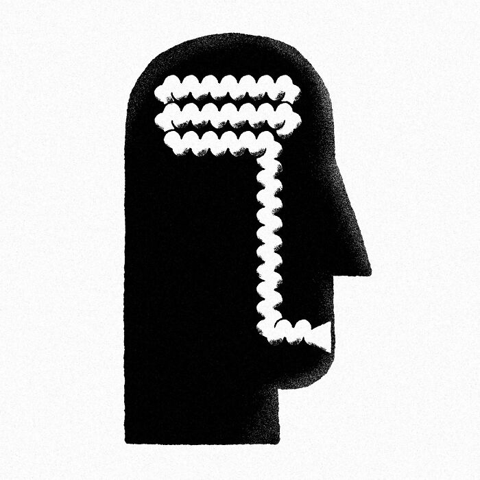 Minimalist editorial illustration by Jardel Vieira, depicting a profile with a coiled brain design, in black and white.