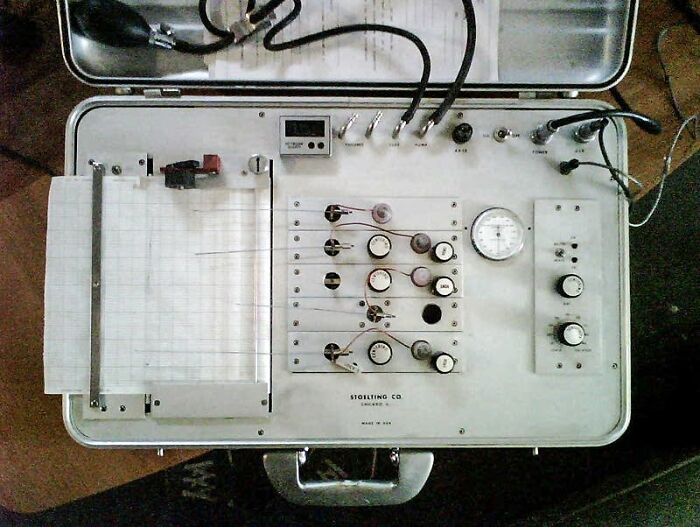 Polygraph machine with dials and gauges, used for lie-detecting. Polygraph machine with dials and gauges, used for lie-detecting.