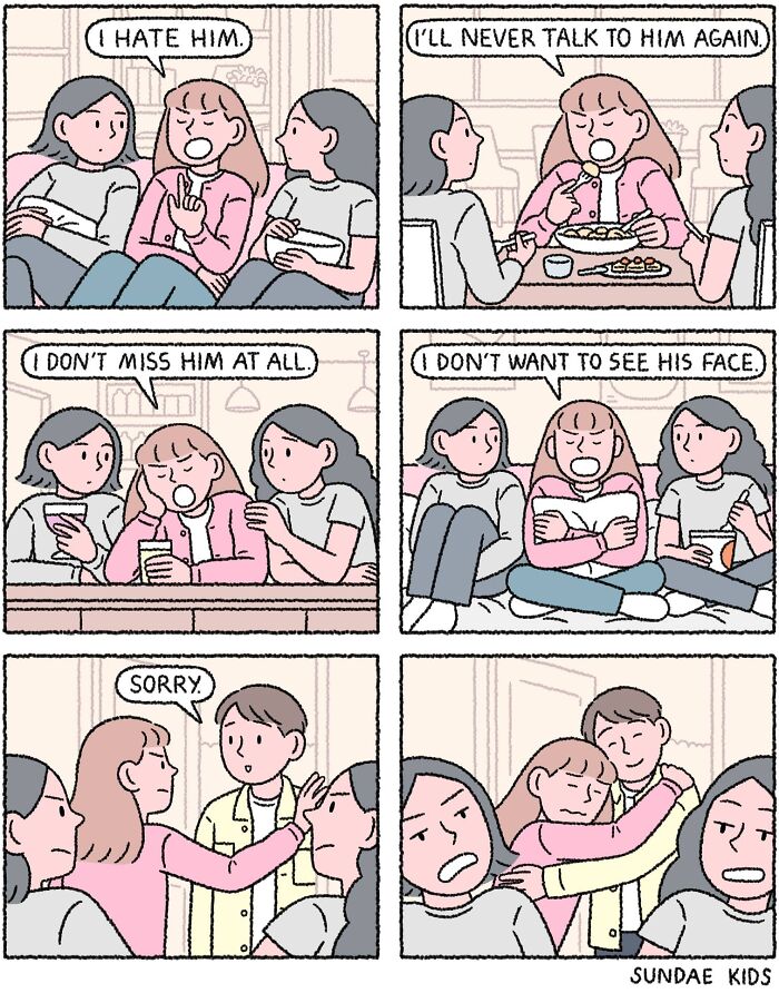Cute comic by Sundae Kids showing love and modern anxiety with friends consoling after a breakup.