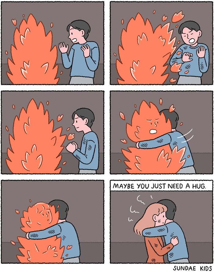 Person hugging a fire, transforming it into a calm embrace. Sundae Kids comic on love and modern anxiety.