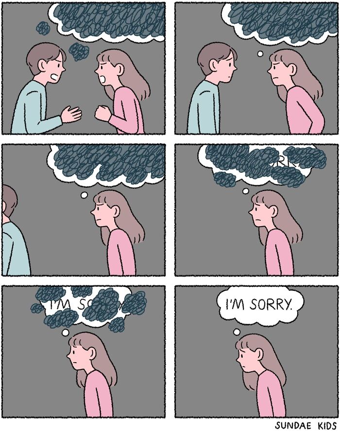 Comic by Sundae Kids showing a couple in conflict and reconciliation, with clouds of anxiety and apology over their heads.