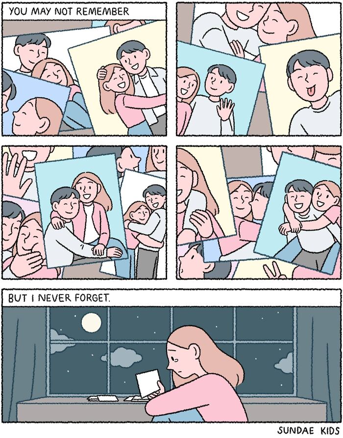 Woman reminiscing over photos with loved ones under moonlight, portraying love and modern anxiety themes by Sundae Kids.