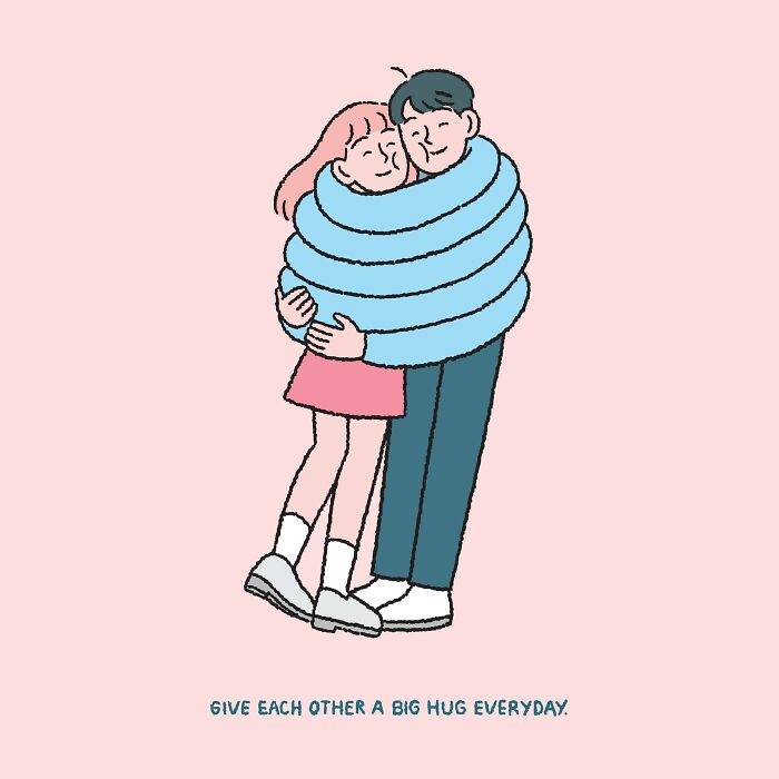 Cute comic of a couple hugging, showcasing love and modern anxiety themes.
