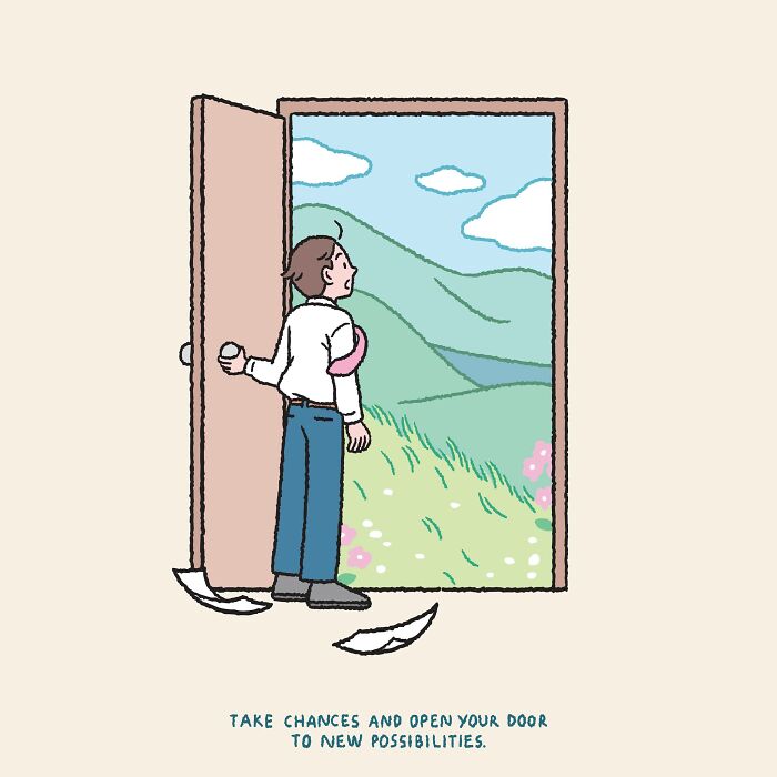 Person opening a door to a scenic landscape, symbolizing opportunities.