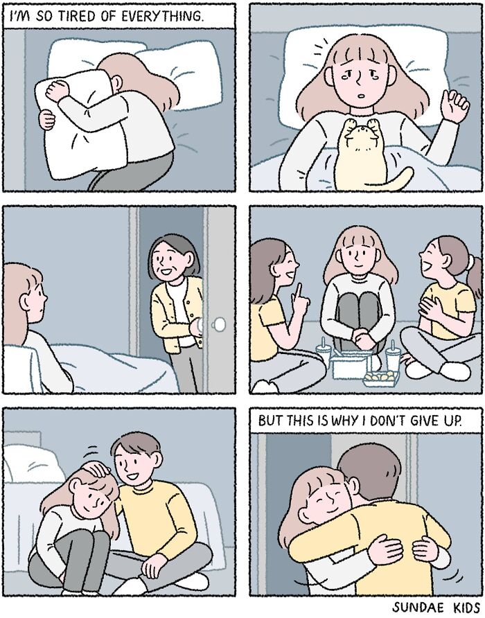 Comic about love and modern anxiety by Sundae Kids; a girl finds comfort with friends and hugs.