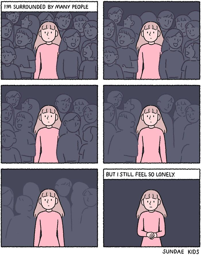 Young woman feeling lonely in a crowd, from Sundae Kids' comics on love and modern anxiety.