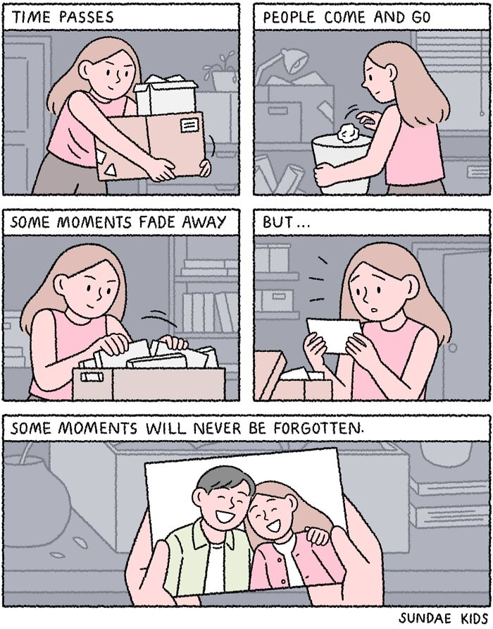 Woman reflecting on cherished memories in Sundae Kids’ comic about love and modern anxiety.