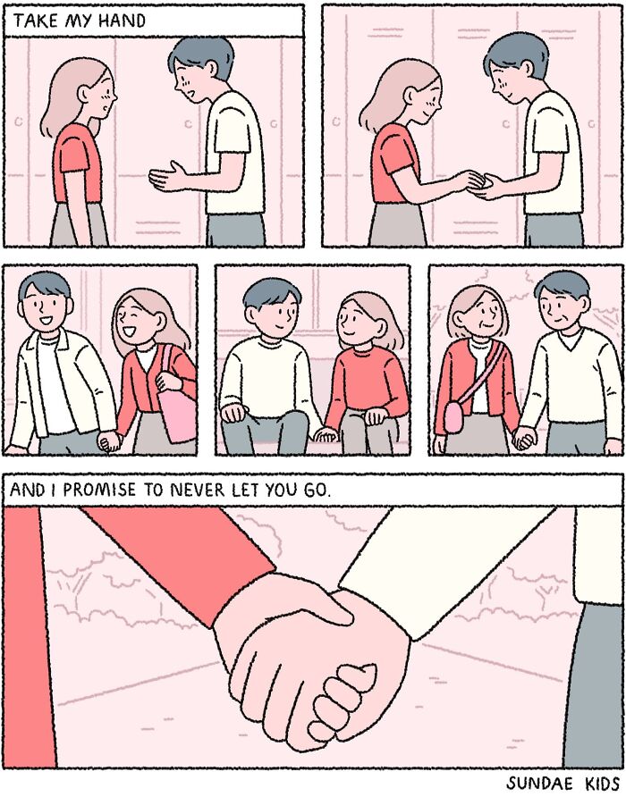 Cute comic by Sundae Kids shows a couple holding hands, capturing love and modern anxiety themes.