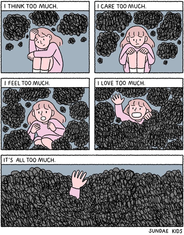 Cartoon character overwhelmed by love and anxiety in Sundae Kids comic.