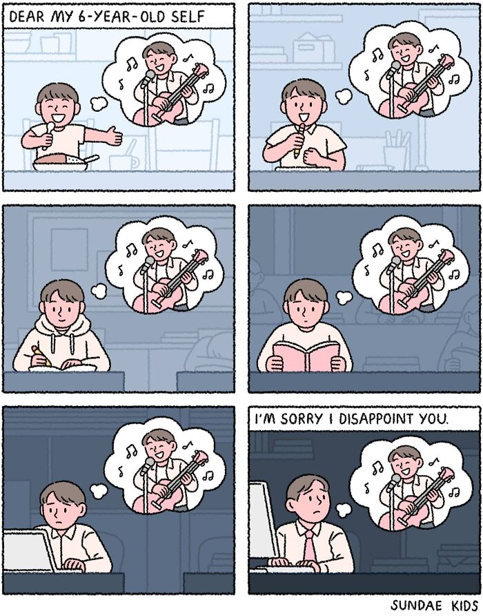 Comic of a boy growing up, dreaming of playing guitar, then working an office job, reflecting love and modern anxiety.
