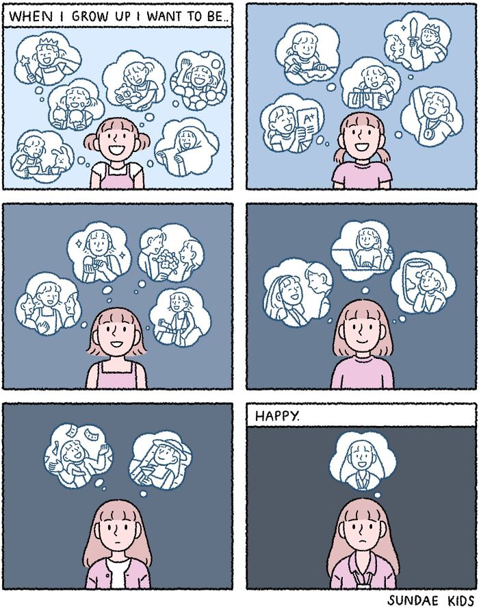 Girl imagines future careers, ponders happiness in Sundae Kids comic.
