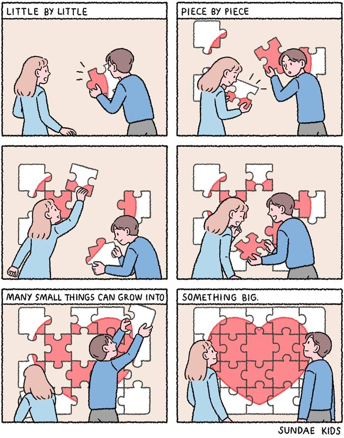 Couple assembling a heart-shaped puzzle, symbolizing love and overcoming modern anxiety in Sundae Kids' comic.