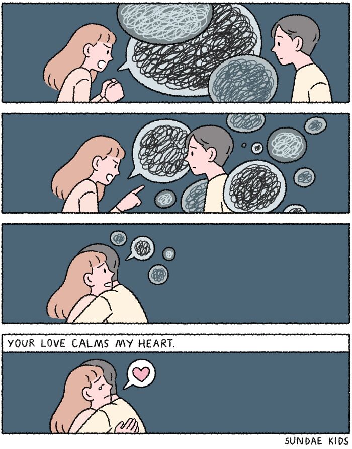 Comic of a couple with anxiety, showing love calming their thoughts.