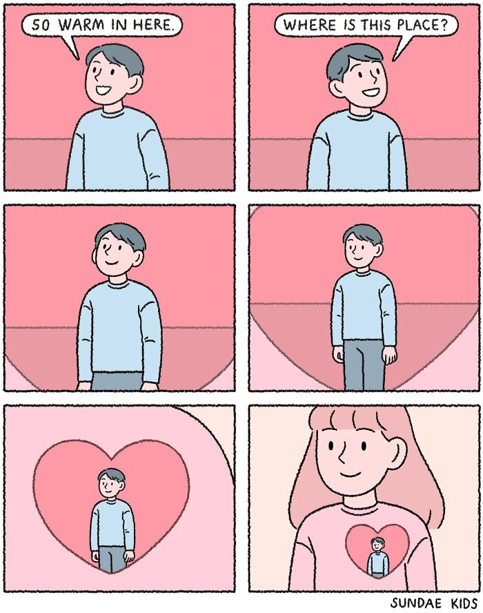 Comic of a person inside a heart on a girl's sweater, illustrating love and modern anxiety, by Sundae Kids.