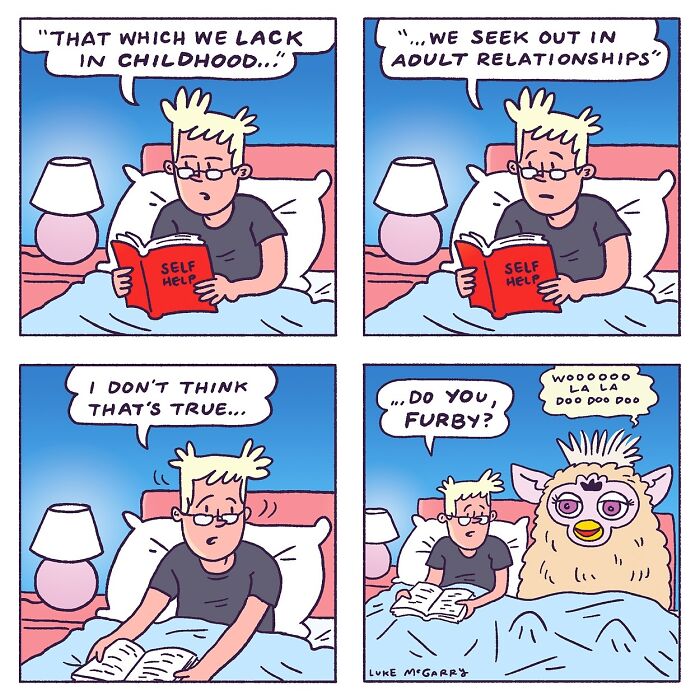 Comic by Luke McGarry featuring a person in bed with a self-help book, humorously questioning a Furby.