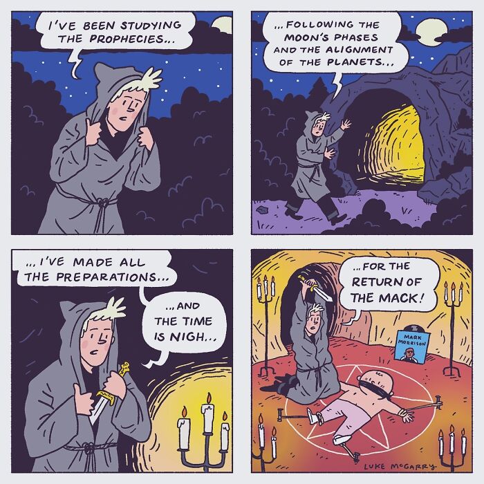 A witty comic by Luke McGarry humorously depicts a ritual with a humorous twist on 21st-century society.