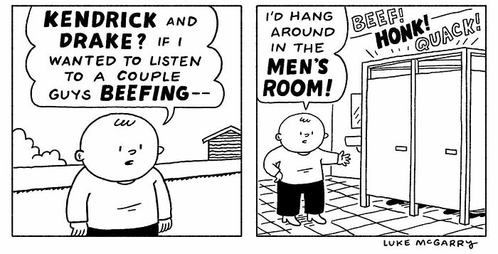 Witty comic by Luke McGarry showing a boy joking about Kendrick and Drake, referencing the men's room.