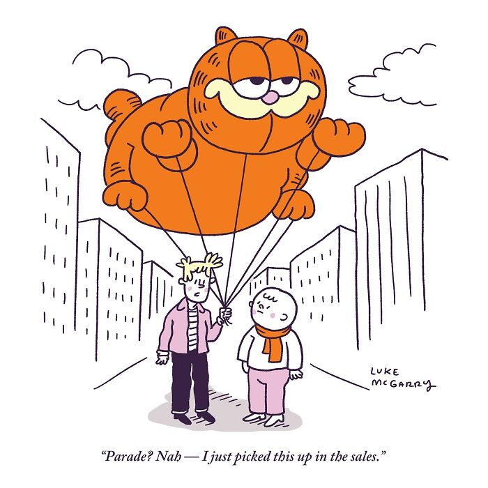Two people holding large cartoon balloon in city, showcasing a witty comic take on modern society by Luke McGarry.