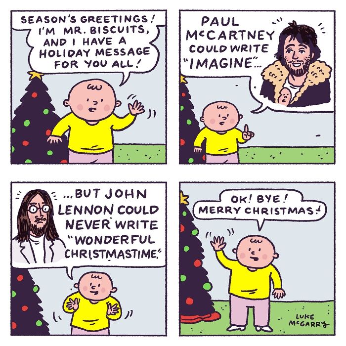 Witty comic by Luke McGarry featuring humorous holiday message and musical references.