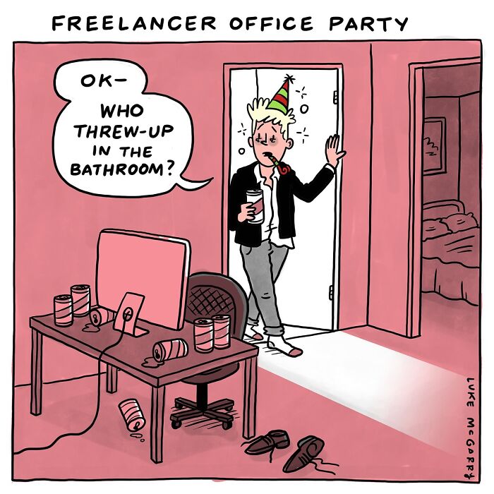 Freelancer office party comic by Luke McGarry; puzzled man in party hat asks about bathroom incident.