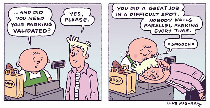 Comic strip by Luke McGarry humorously depicting a cashier validating parking in a witty take on 21st-century society.