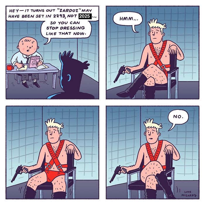 Witty comic by Luke McGarry showing a humorous take on a futuristic misunderstanding about the year 2025.