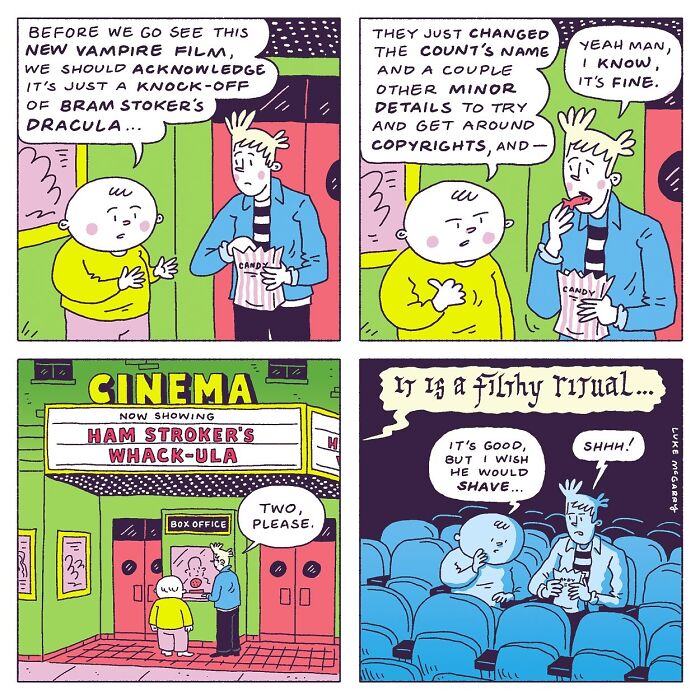 Witty comic by Luke McGarry satirizing 21st-century society with characters discussing a vampire film in a cinema.