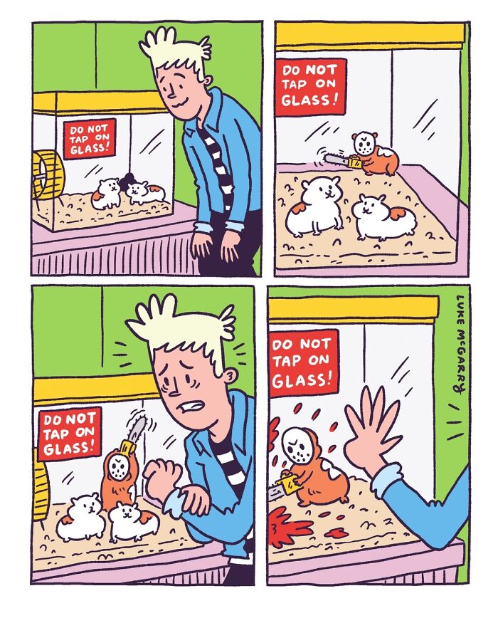 Blond character reacts to guinea pig mimicking horror scene in a witty comic about 21st-century society.