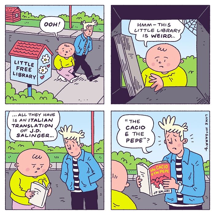 Two characters humorously explore a quirky little library, discovering only an Italian J.D. Salinger translation in a witty comic.