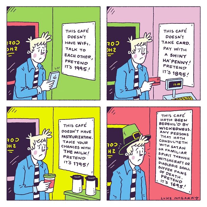 Man reading humorous comic about a cafe's 21st-century quirks, parodying societal changes in different eras, by Luke McGarry.