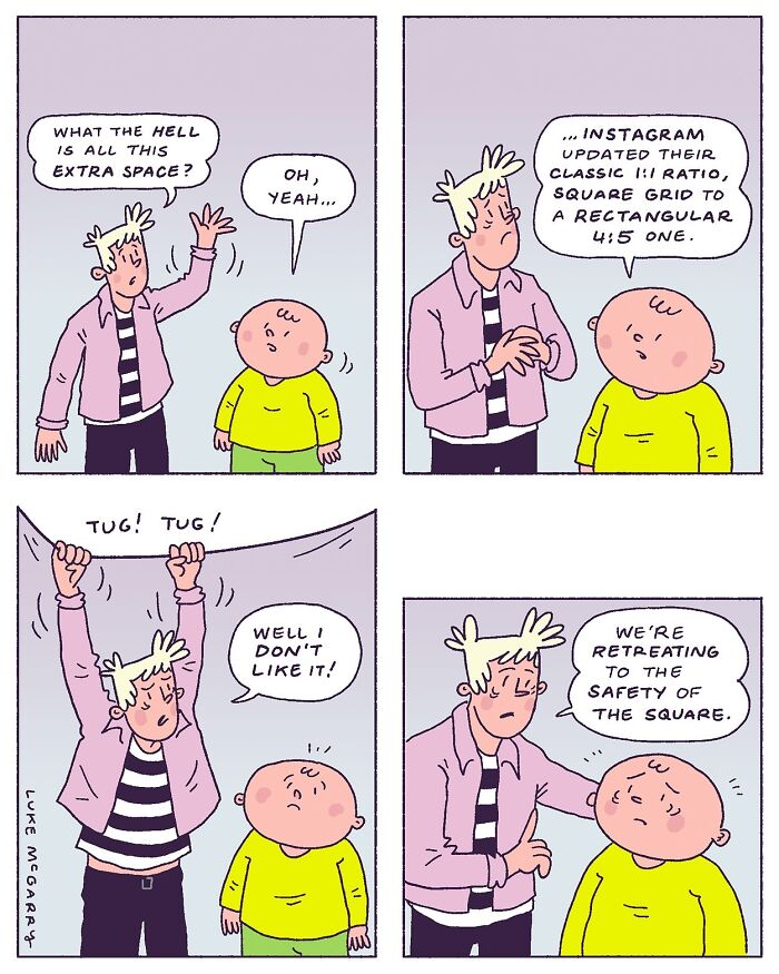 Cartoon by Luke McGarry humorously critiques Instagram's ratio change affecting 21st-century society habits.