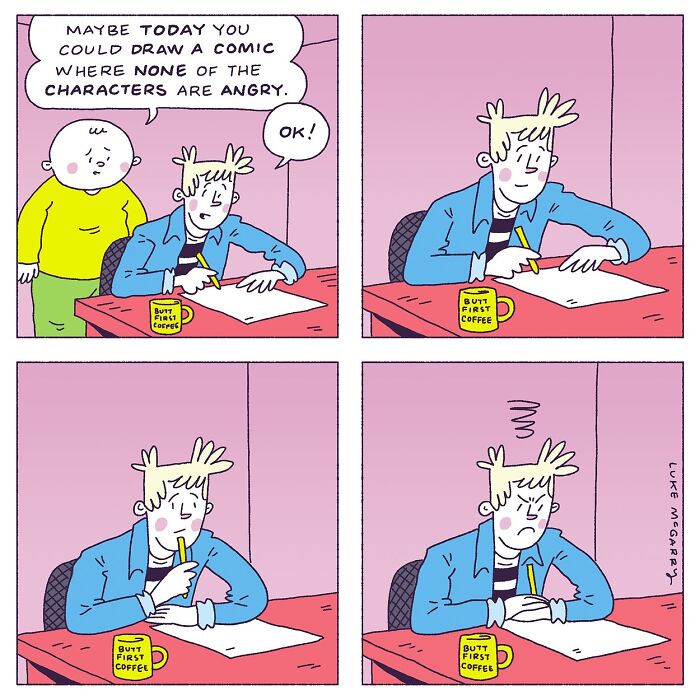 Cartoonist with coffee mug struggles to draw a non-angry comic character, highlighting 21st-century society humor.
