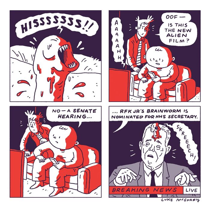 Comic by Luke McGarry satirizing 21st-century society with a humorous take on Senate hearings and news broadcasts.