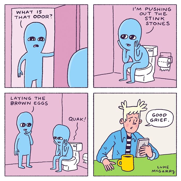 Witty comic by Luke McGarry featuring blue characters with humorous bathroom scenario and text, "Good grief."